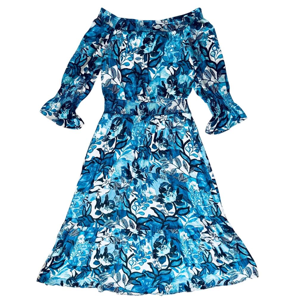 Chico's Blue Floral Tiered Maxi Dress Size 3 (XL) Off Shoulder Fairy Garden